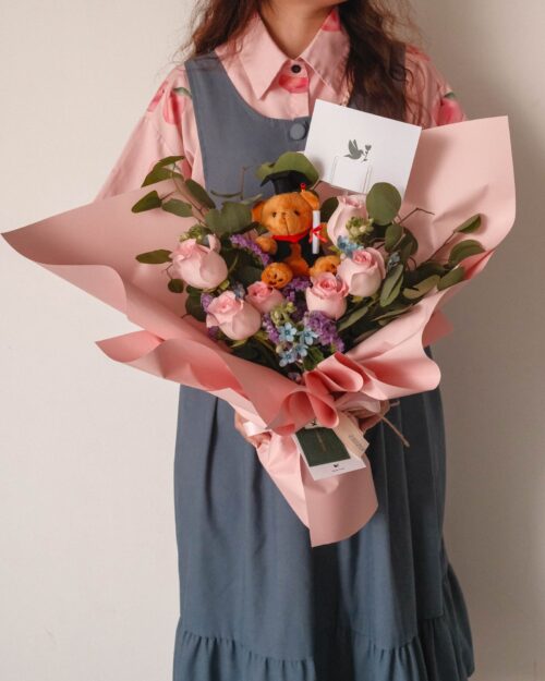 pink rose graduation bouquet front 1