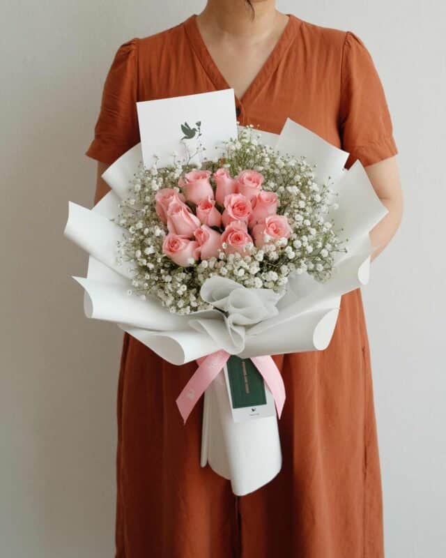 Valentine's Venice Pink bouquet with soft pink roses and white baby’s breath